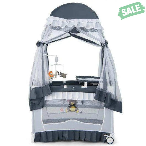 Convertible Bassinet with Removable Changing Table and Detachable Mesh Net-Grey