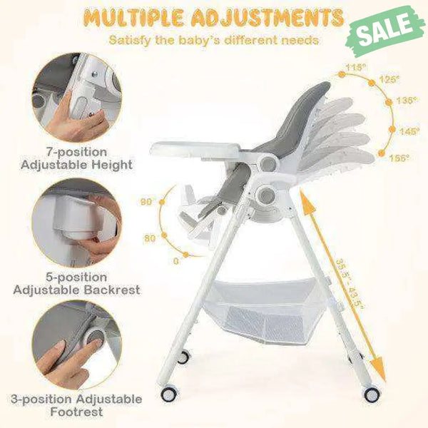 Convertible Infant Dining Chair with 5 Backrest and 3 Footrest Positions-Gray High Chairs