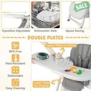 Convertible Infant Dining Chair with 5 Backrest and 3 Footrest Positions-Gray Gray High Chairs