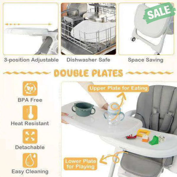 Convertible Infant Dining Chair with 5 Backrest and 3 Footrest Positions-Gray Gray High Chairs