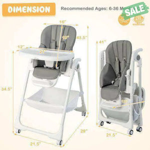 Convertible Infant Dining Chair with 5 Backrest and 3 Footrest Positions-Gray High Chairs