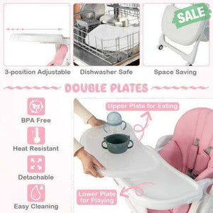 Convertible Infant Dining Chair with 5 Backrest and 3 Footrest Positions-Gray Pink High Chairs