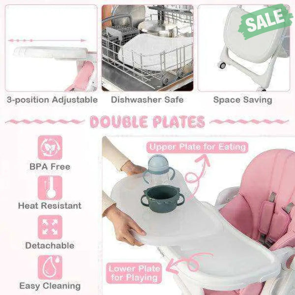 Convertible Infant Dining Chair with 5 Backrest and 3 Footrest Positions-Gray Pink High Chairs