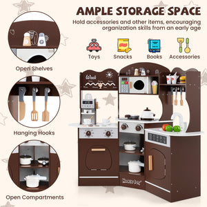 Corner Wooden Play Kitchen with Coffee Machine and Slide for Kids