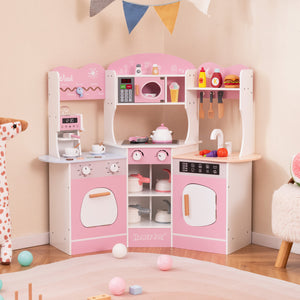 Corner Wooden Play Kitchen with Coffee Machine and Slide for Kids