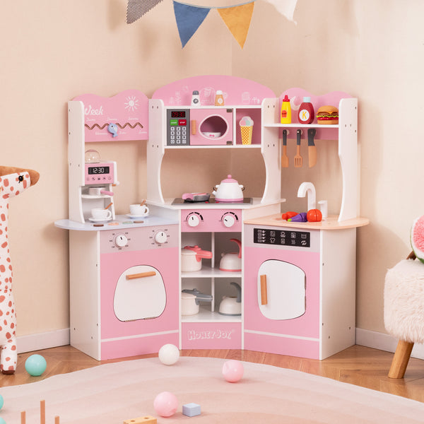 Corner Wooden Play Kitchen with Coffee Machine and Slide for Kids