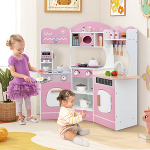 Corner Wooden Play Kitchen with Coffee Machine and Slide for Kids