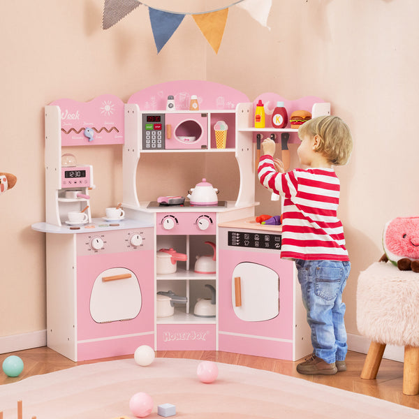 Corner Wooden Play Kitchen with Coffee Machine and Slide for Kids