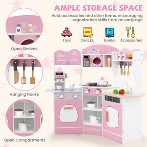 Corner Wooden Play Kitchen with Coffee Machine and Slide for Kids