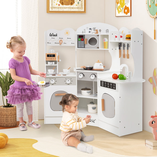 Corner Wooden Play Kitchen with Coffee Machine and Slide for Kids