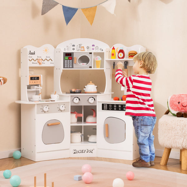 Corner Wooden Play Kitchen with Coffee Machine and Slide for Kids