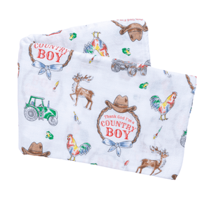 Country Boy Baby Giftset:  Baby Swaddle Blanket and Burp/Bib Combo Hospital Coming Home Essential