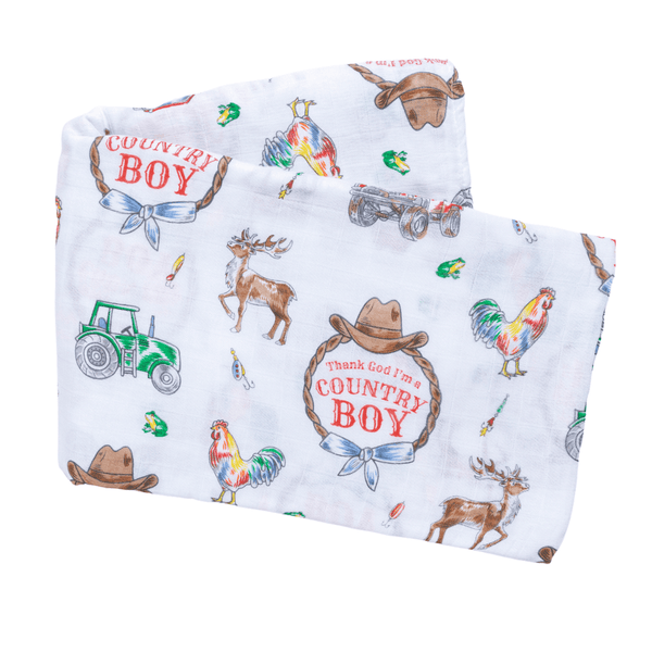 Country Boy Baby Giftset:  Baby Swaddle Blanket and Burp/Bib Combo Hospital Coming Home Essential