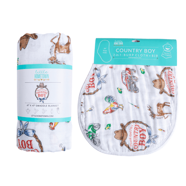 Country Boy Baby Giftset: Swaddle blanket and burp/bib combo for stylish and cozy baby care.