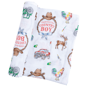 Country Boy Baby Giftset:  Baby Swaddle Blanket and Burp/Bib Combo Hospital Coming Home Essential