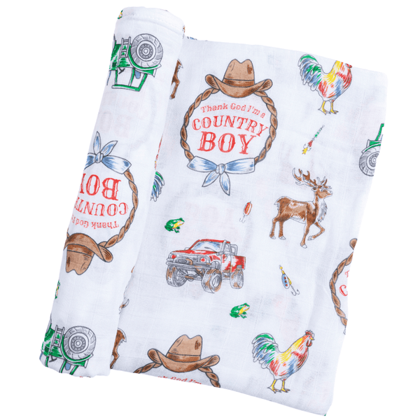 Country Boy Baby Giftset:  Baby Swaddle Blanket and Burp/Bib Combo Hospital Coming Home Essential