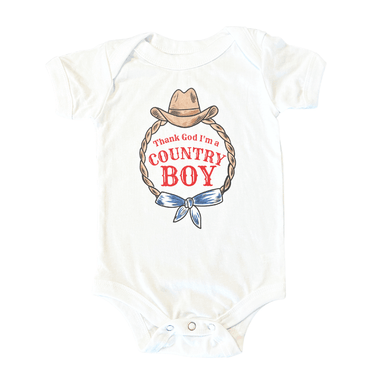 "Country Boy Onesie for babies - Short sleeve bodysuit in rustic style, perfect for little adventurers."