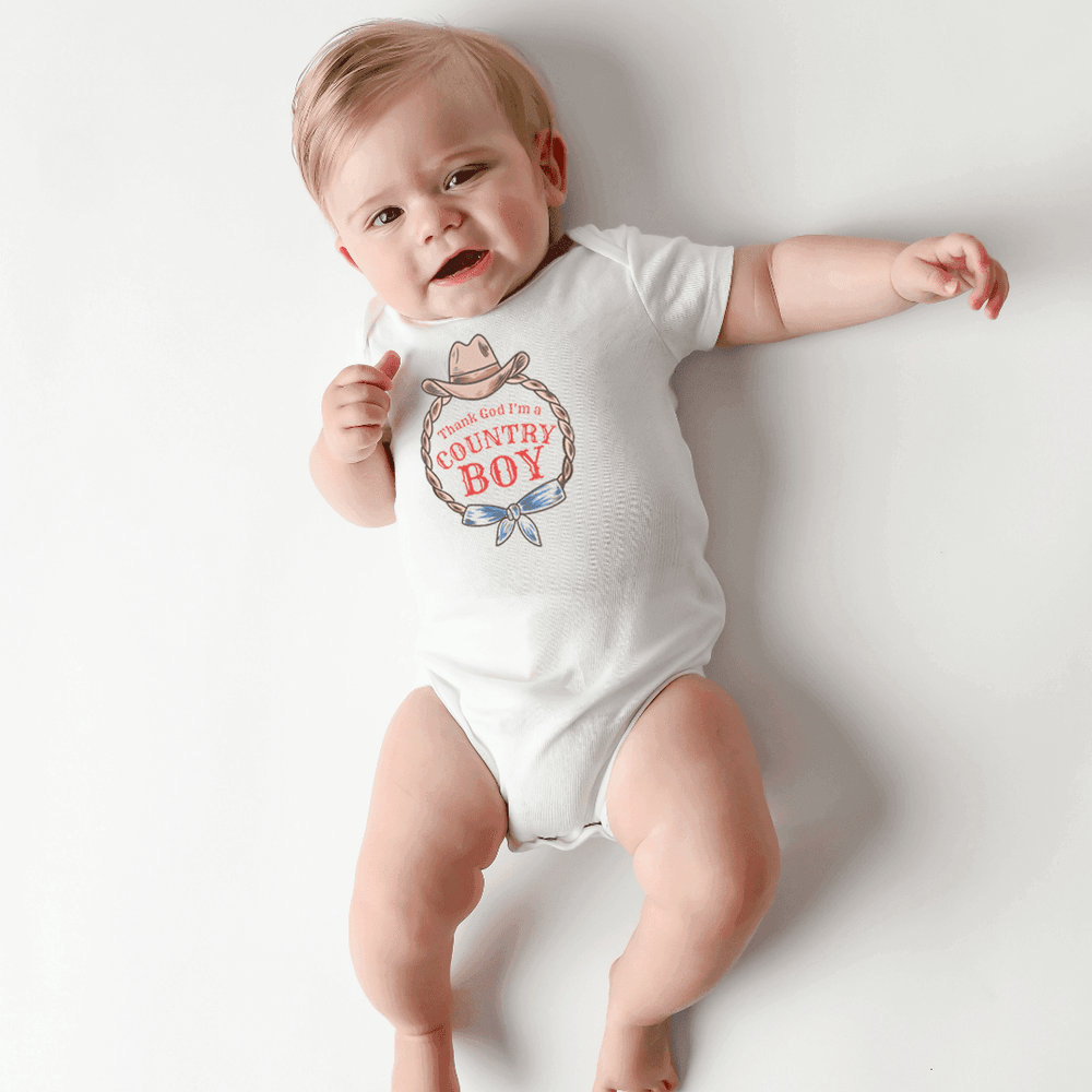 "Country Boy Onesie for babies - Short sleeve bodysuit in rustic style, perfect for little adventurers."