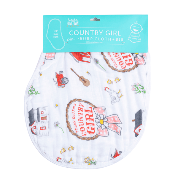 Country Girl Baby Giftset:  Baby Swaddle Blanket and Burp/Bib Combo Newborn Essentials for Feeding and Comfort