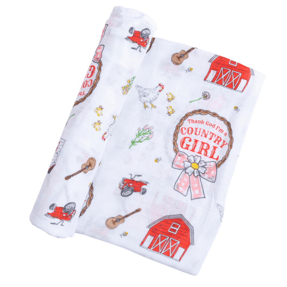 Country Girl Baby Giftset: Swaddle blanket and burp/bib combo for stylish and cozy baby care.