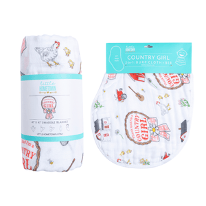 Country Girl Baby Giftset: Swaddle blanket and burp/bib combo for stylish and cozy baby care.