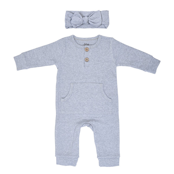 Gray Baby Ribbed Playsuit with pockets