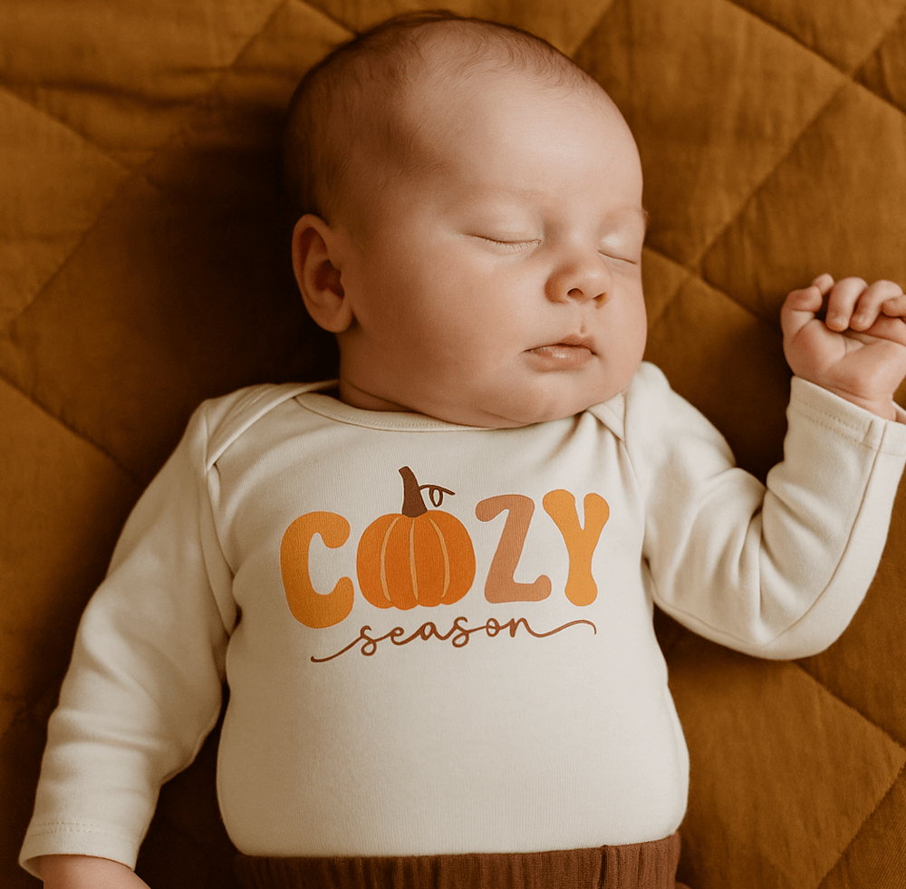 Cozy long sleeve graphic bodysuit for babies, perfect for the chilly season.