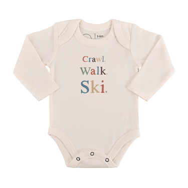 Long sleeve graphic bodysuit for babies featuring "crawl walk ski" design, perfect for playful outfits.
