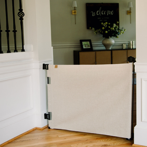 Stylish Crypton® Fabric Baby & Pet Safety Gate, stain-resistant and PFAS-free, fits openings 27.6" to 55" wide.