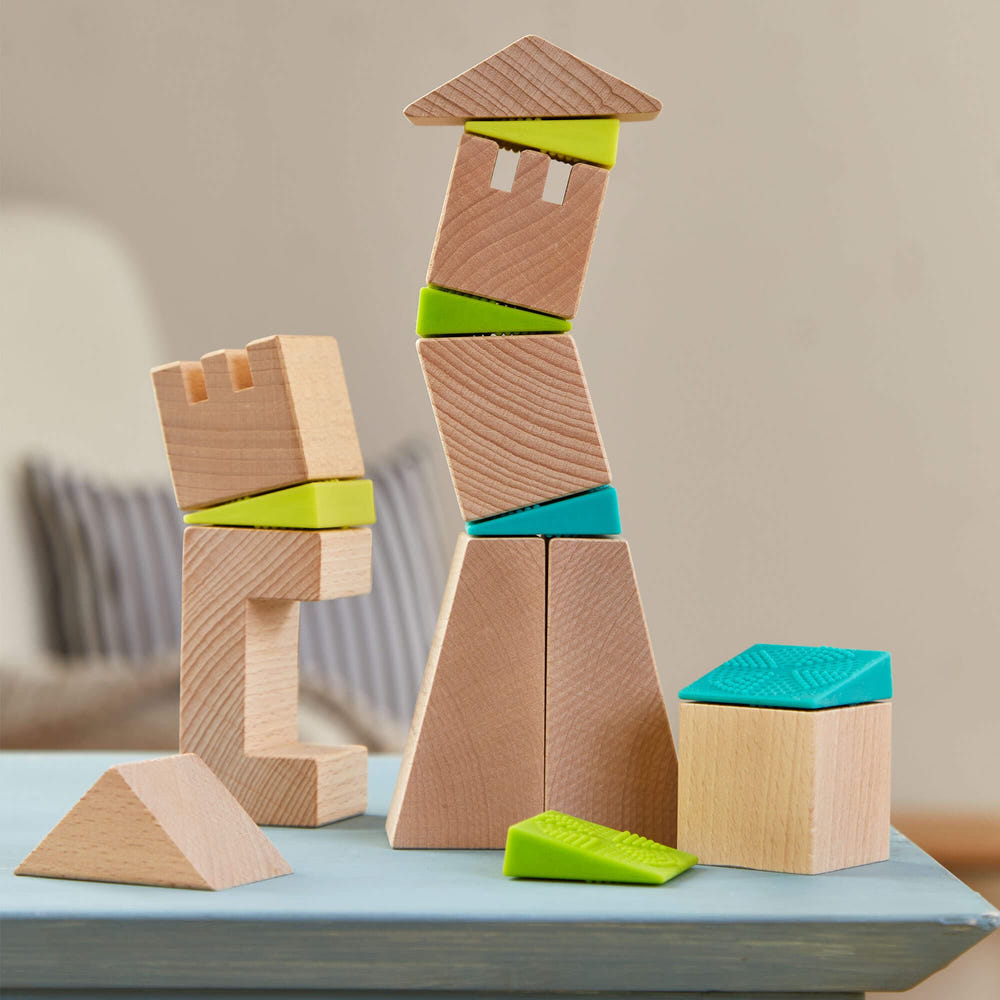 Crooked Towers Wooden Blocks set for creative play and learning in vibrant colors.