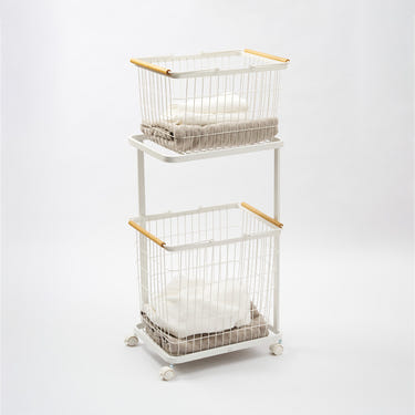 Rolling Laundry Cart + Wire Baskets (38" H)  - Steel + Wood