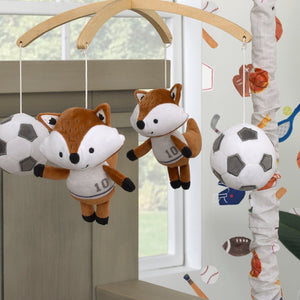 Team All Star Brown, White, Black and Grey, Fox with Soccer Balls Plush Musical Mobile