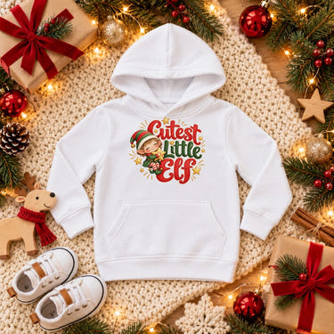 Cutest Little Elf toddler hoodie in white, Christmas flat lay
