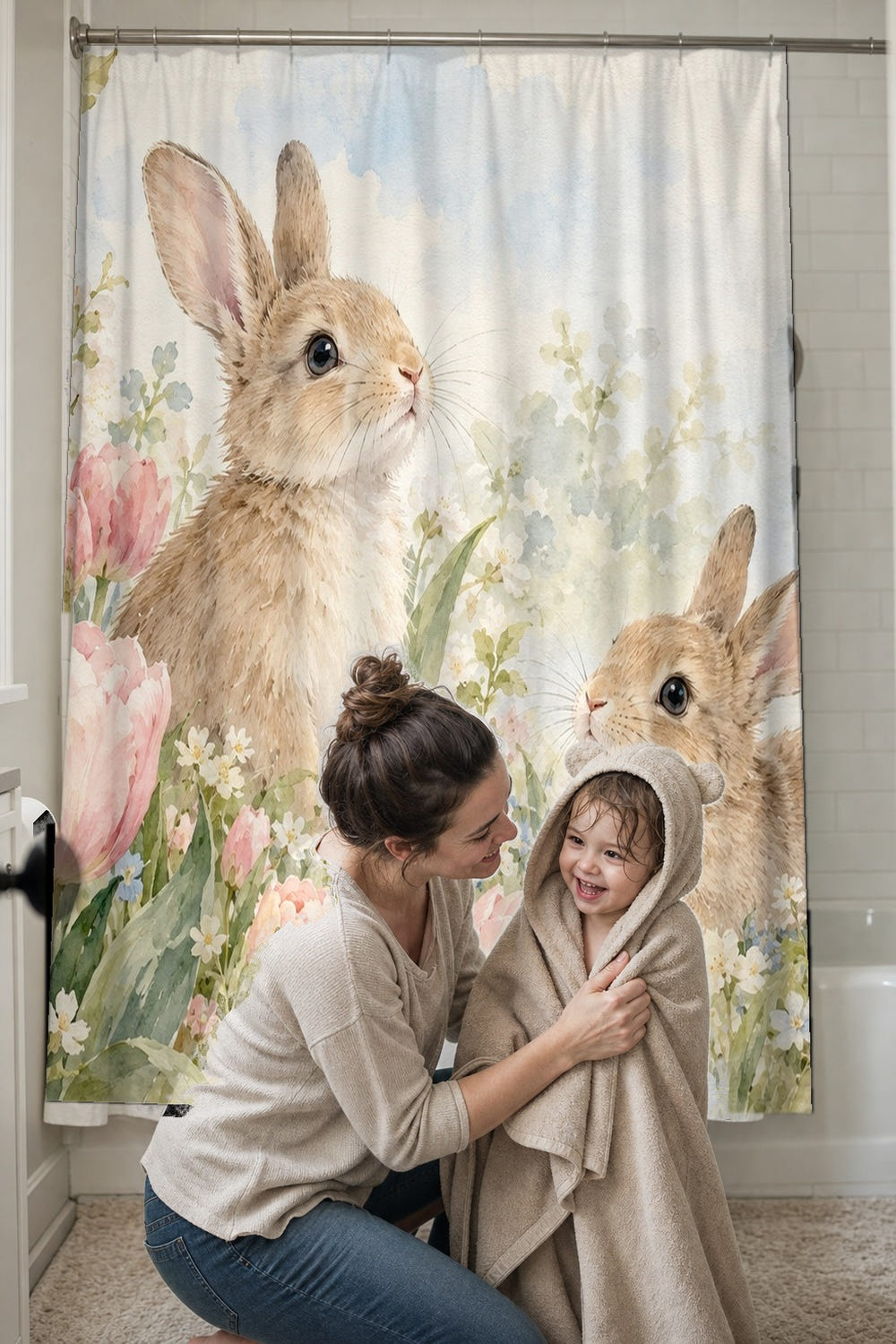 Spring Tulips Bunny shower curtain, full front view of the 71 x 74 in fabric curtain