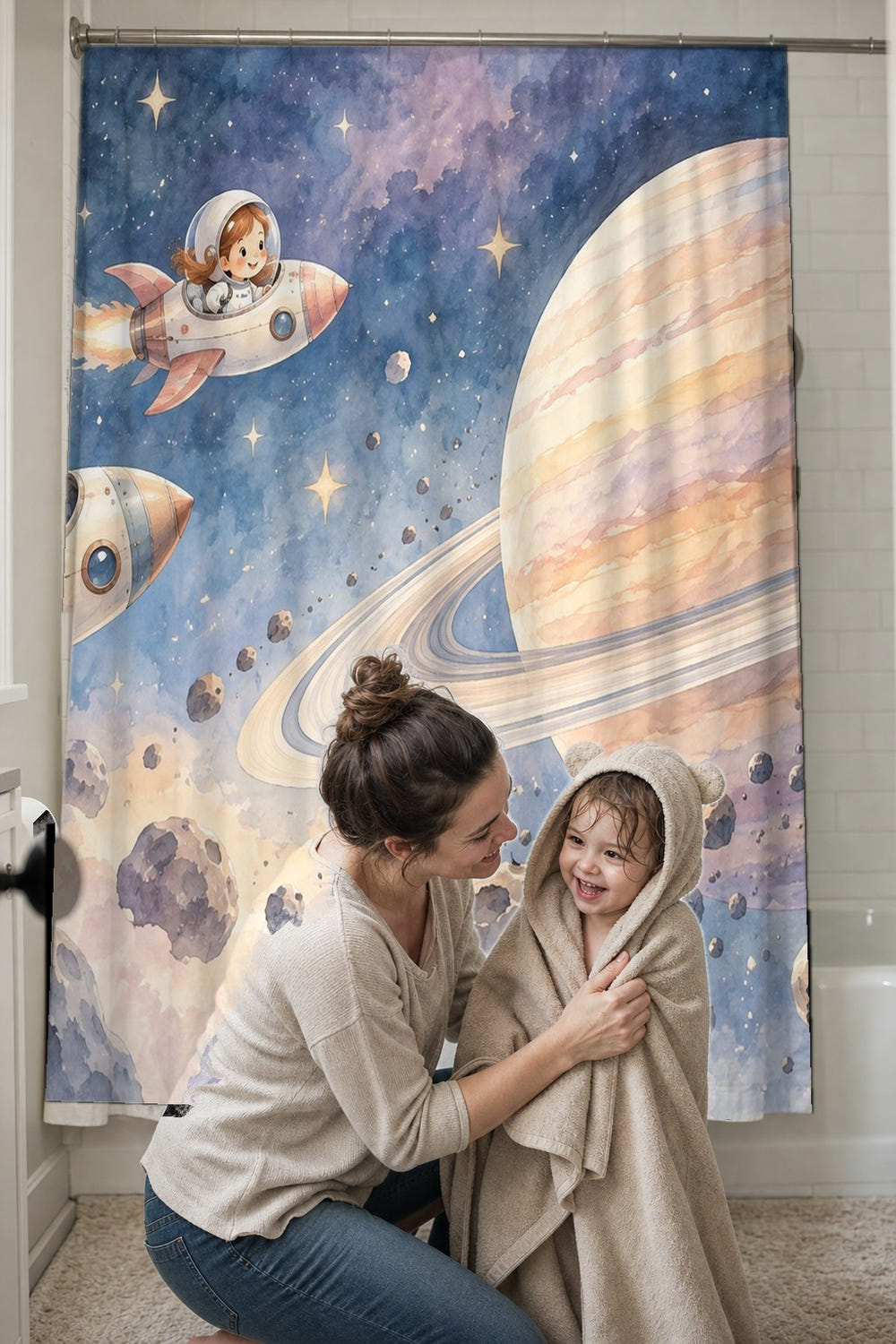 Space Explorers shower curtain, full front view of the 71 x 74 in fabric curtain