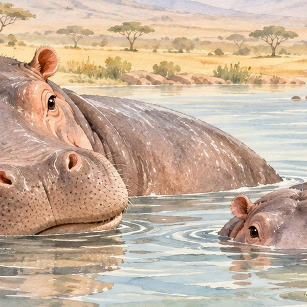 Hippo Family Safari shower curtain, close up of the watercolor artwork