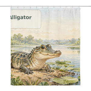 A is for Alligator Alphabet shower curtain, full front view of the 71 x 74 in fabric curtain