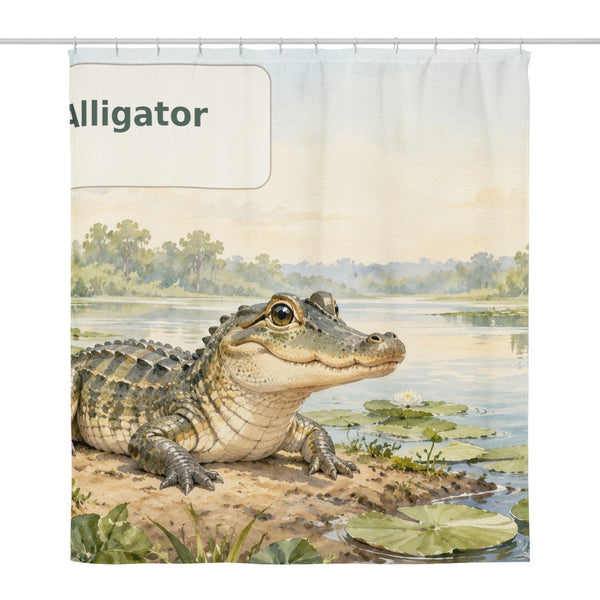 A is for Alligator Alphabet shower curtain, full front view of the 71 x 74 in fabric curtain