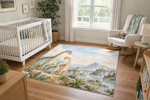 Long Neck Family Dinosaur area rug in a calm nursery with a white crib