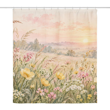 Golden Sunset Wildflowers shower curtain, full front view of the 71 x 74 in fabric curtain