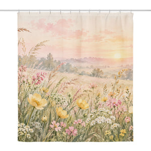 Golden Sunset Wildflowers shower curtain, full front view of the 71 x 74 in fabric curtain
