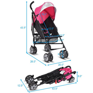 Folding lightweight baby umbrella stroller for travel, angled view showcasing compact design and portability.