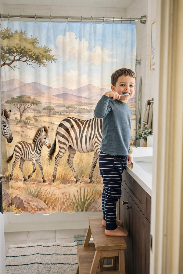 Child brushing teeth in a family bathroom with the Zebra Family Safari shower curtain