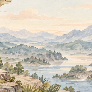 Mountain Dinosaur shower curtain, close up of the watercolor artwork