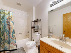 Seahorse Pair Ocean shower curtain on a tub shower combo in an American family bathroom