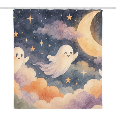 Friendly Ghosts Halloween shower curtain, full front view of the 71 x 74 in fabric curtain