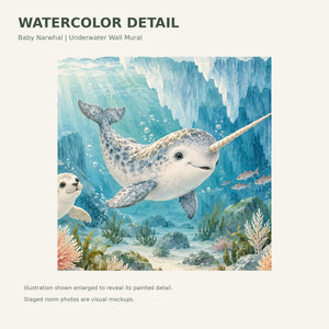 Watercolor Baby Narwhal Ocean Wall Mural, image 4