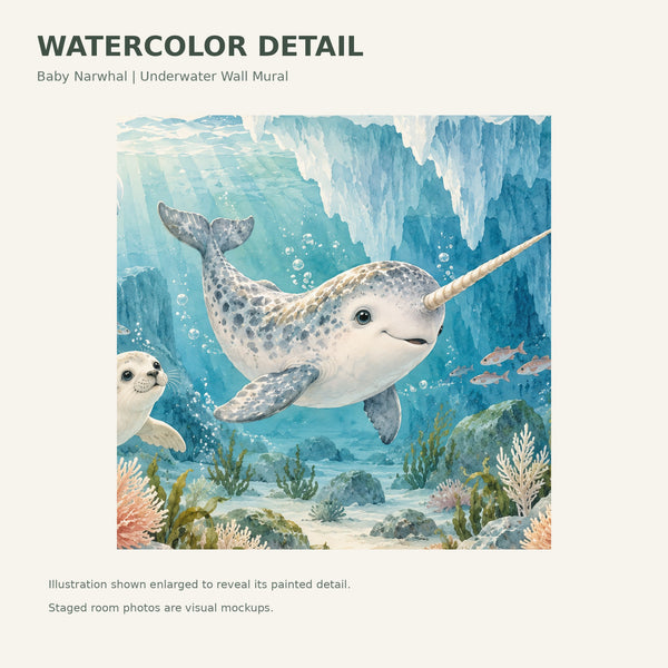 Watercolor Baby Narwhal Ocean Wall Mural, image 4