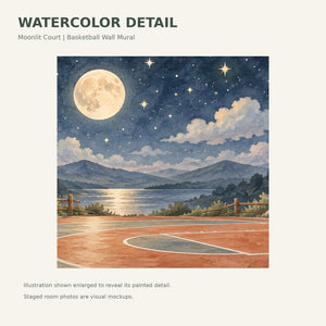 Watercolor Moonlit Court Basketball Wall Mural, image 4