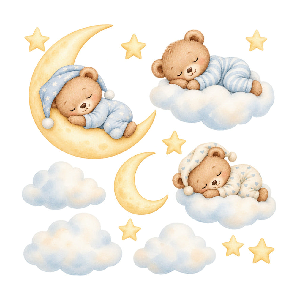 Sleeping Teddy Bear Moon and Clouds Wall Decals, Set of 14, image 1